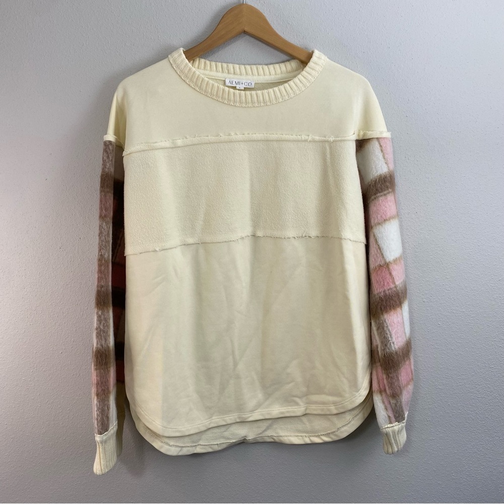 AEMI + CO Rebecca Plaid Pullover Ivory Crewneck Women’s Large